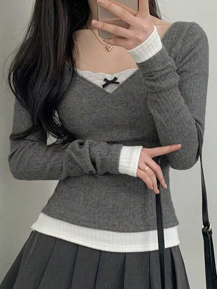 Women's V-Neck Lace Bow Splice Colorblock Long Sleeve Gentle Style Girlfriend Tee Going Out Tops,Fall Women Clothes