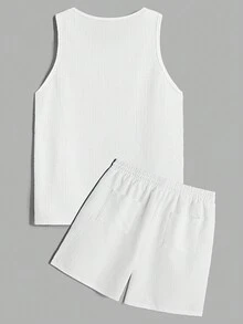 Manfinity Homme Hombre camiseta de tirantes y pantalones cortos con cordón en la cintura de color sólido - Blanco - Ver 2