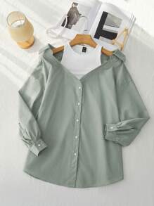 Seusyu 女士春夏季寬鬆露肩拼色長袖休閒襯衫 - 綠色 - 查看 1