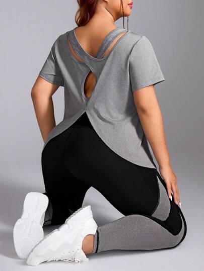 Rhythm Era 加大码纯色镂空后背短袖T恤搭配撞色拼接紧身裤运动套装健身女士套装