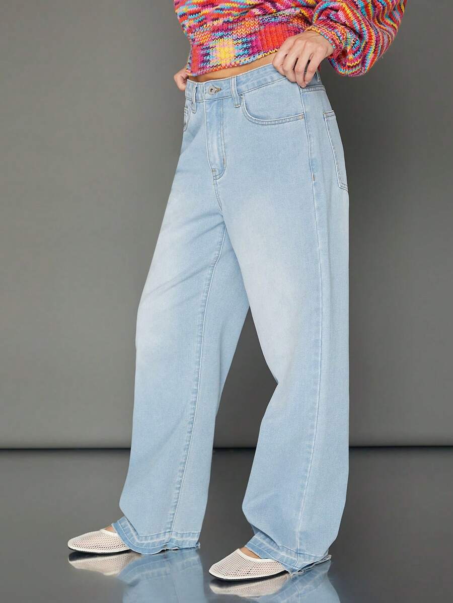 WESTFADE Premium Cotton Denim Release Hem Straight Leg Jeans