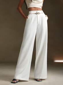 Anewsta Petite Pantalon de costume blanc printemps, pantalon de costume moderne urbain avec décoration de ceinture métallique de couleur unie et poches - Blanc - Voir 7