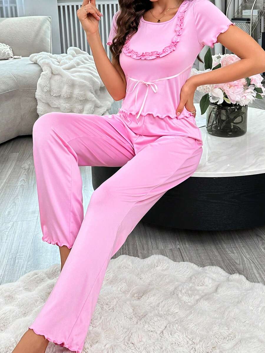 2pcs Lace Bow Decor Women's Loungewear Set - Pink - View 1