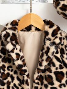 SHEIN Young Girl Plush Leopard Print Winter Jacket And Hat Set - Apricot - View 6