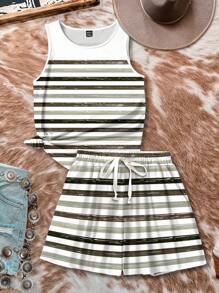 SHEIN LUNE 2 pièces Ensemble de débardeur à col rond imprimé de rayures d'été pour femmes et shorts ajustés à taille nouée