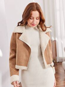 SHEIN Áo khoác thường ngày có ve áo bằng da lộn giả tuổi teen Girl - Màu Khaki - Xem 4