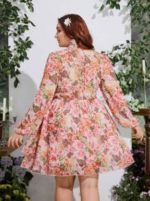 Flirla Robe décontractée à manches longues, col en V, imprimé floral all-over, grande taille - Multicolore - Voir 2