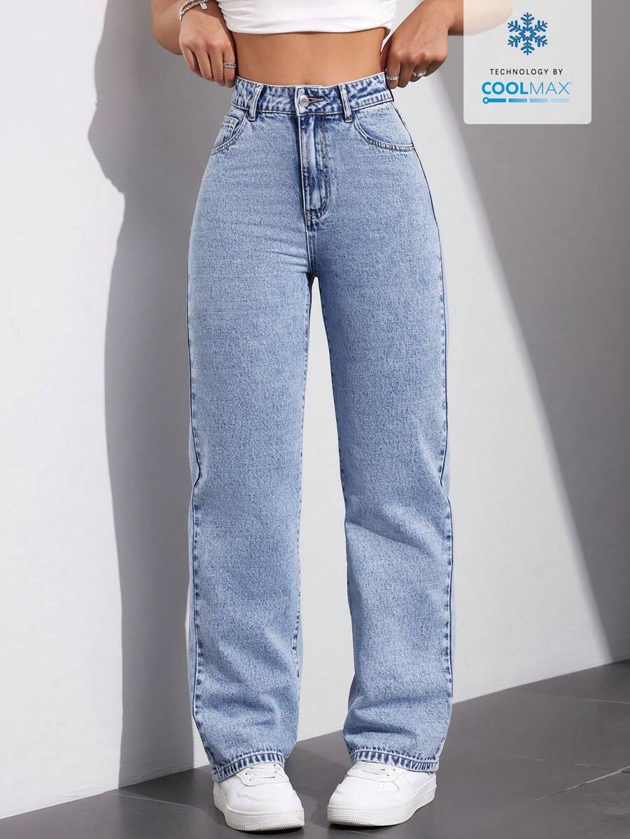 Flexra Jeans de tela vaquera de color claro, con cierre de botones en la parte delantera, múltiples bolsillos, estilo sencillo, uso casual diario - Azul - Ver 1