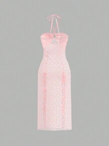 SHEIN X KeniaOs SHEIN ICON Vestido elegante y sexy de mujer con frente de encaje, a través de corbata frontal entrecruzada y decoración de lazo en la nuca con transparencias.