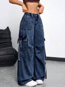 SHEIN EZwear 女式前扣多口袋飘逸牛仔裤，休闲日常穿着 - 深色水洗藍 - 查看 4