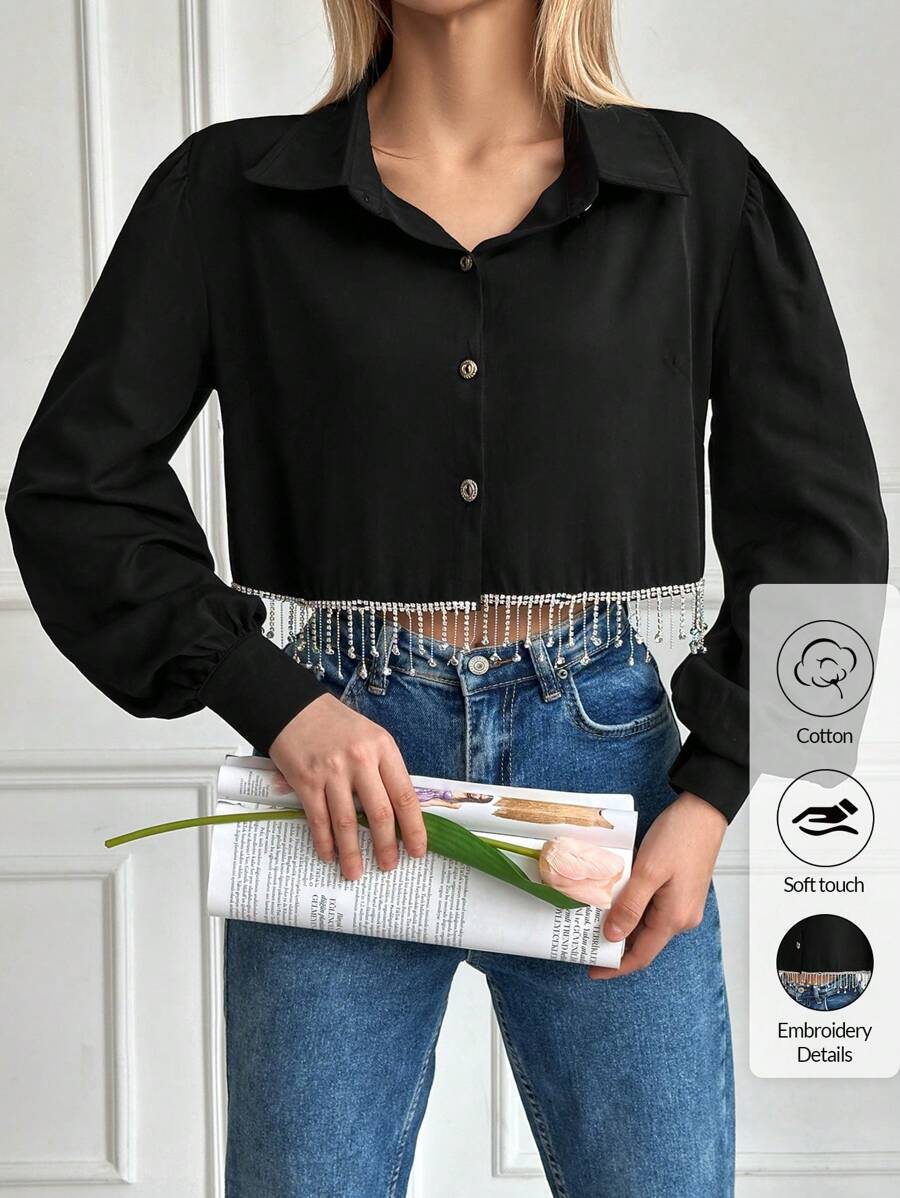 Cloudara Camisa Feminina Com Botões Manga Lanterna Em Cor Sólida - Preto - Ver 1