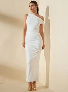 SHEIN BAE White Backless Asymmetric Ruffle Maxi Summer Dress For Women - White - View 4