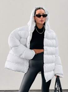 RueChic Plain Hooded Puffer Coat With Snap Button - White - View 6