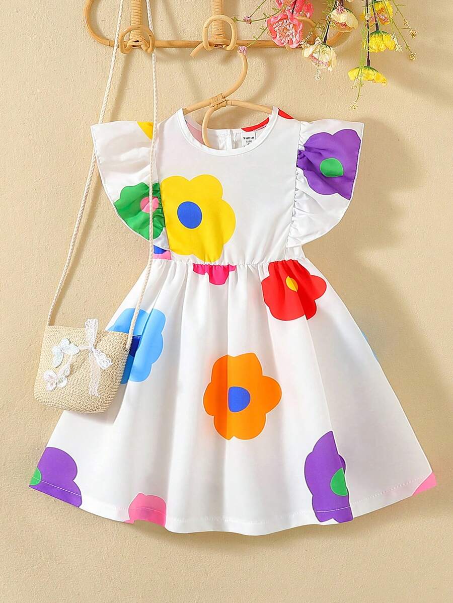 SHEIN Young Girl Round Neck Ruffle Floral All-Over Print Dress - Multicolor - View 1