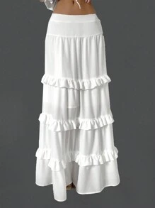 SHEIN Essnce Women's Spring/Summer Fashion Layered Ruffle Hem White Skirt - White - View 3