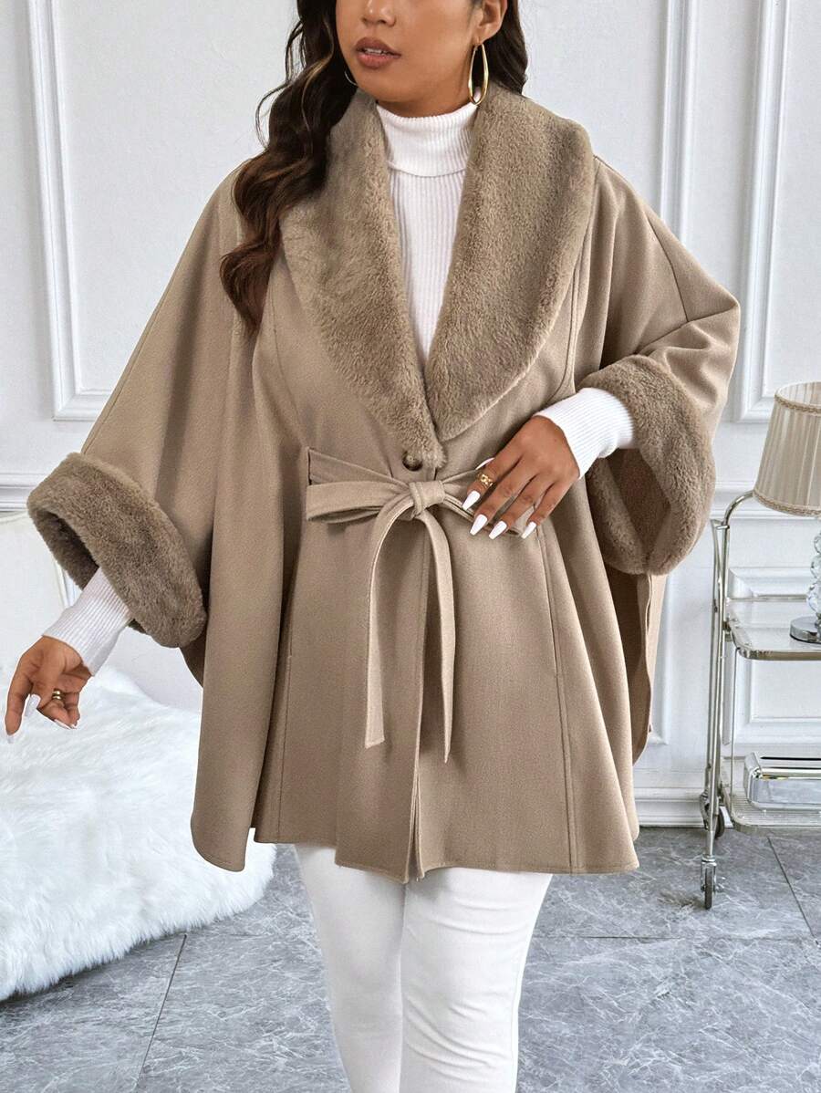 Bont lange mouwen losse riem warme vrouwen jas lam wol winter verdikte locomotief revers vrouwelijke jas beige zwart-MULTI,XS