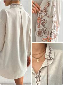 EURMUSE Women's Vacation Style Embroidered Lantern Sleeve Fringe Tie-Front Blouse - Beige - View 6