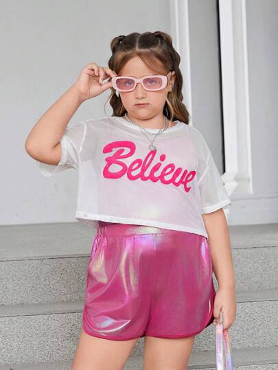 SHEIN 3pcs Tween Girls' Extended Size Basic Casual Spring/Summer Knit Mesh Short Sleeve Top, Knit Coated Tank Top & Splicing Sports Shorts Set