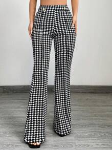 SHEIN SXY Pantalones de pierna acampanada con estampado de pata de gallo casuales y para ir al trabajo para mujeres - Gris - Ver 3