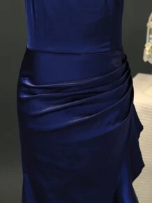 SHEIN 缎面交叉带高腰荷叶边开衩露背连衣裙，优雅正式礼服，适合少女 - 藏蓝色 - 查看 6