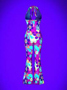 SHEIN Unity Summer Fashion Glow-In-The-Dark Floral Print Hollow Out Halter Jumpsuit, Assorted - Multicolor - View 2