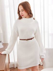 SHEIN Teen Girls White Turtleneck Oversized Warm Fashionable Knit Sweater Dress For Fall & Winter