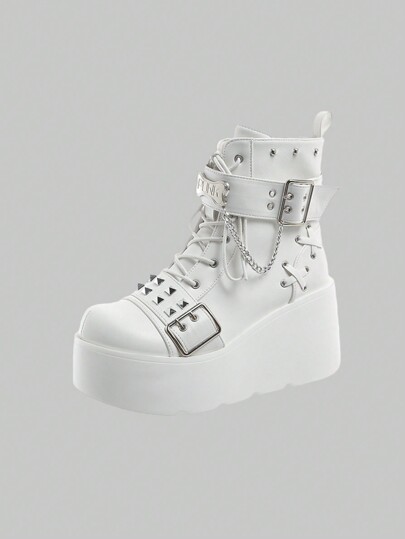 Grunge Punk Platform Boots With Rivet Pendant, Women European American Punk Motorcycle Ankle Booties, Round Toe, Edgy Academia Style