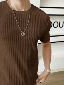 Mainfolk Men Solid Ribbed Knit Tee, Summer - Brown - View 4