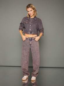 WESTFADE Winter Jacket Premium 100% Cotton Denim Acid Wash Button Front Long Sleeve Boxy Cropped Jacket - Blue - View 11