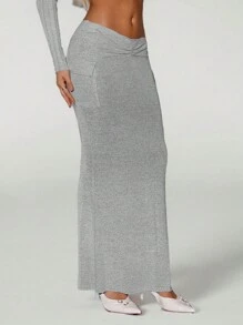 SHEIN ICON Solid Color Low-Waisted Ruched Skirt With Slit Hem