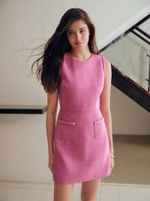 MOTF STUDIO SOLID ZIPPER BACK PATCH POCKET SHORT DRESS, NEW YEAR OUTFIT - Pink - View 8