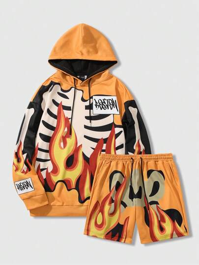 Men's Drawstring Hoodie With Flame Print And Front Tie Shorts Tracksuit Set