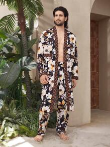 Men's Full Flower Print Patchwork Long Sleeve Pajama Set, Loungewear - Multicolor - View 1