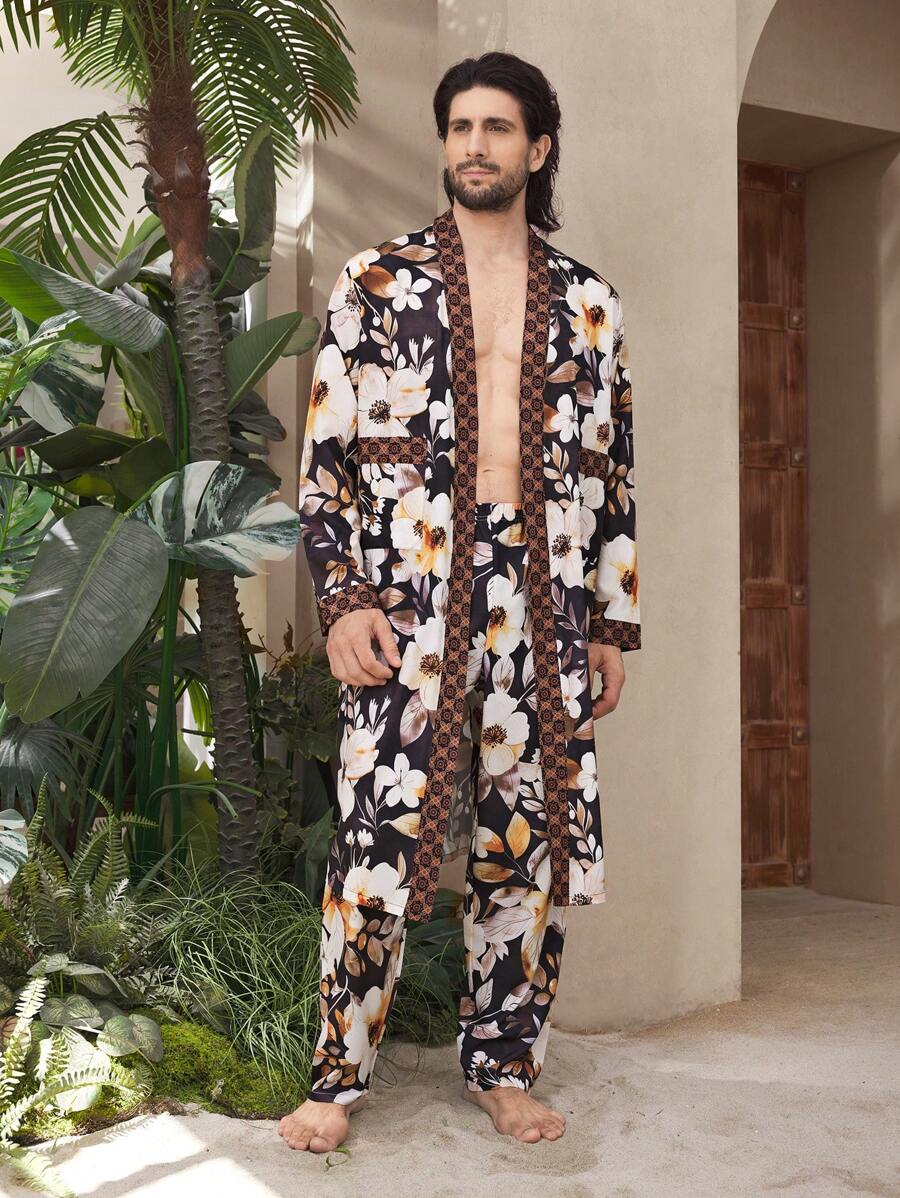 Men's Full Flower Print Patchwork Long Sleeve Pajama Set, Loungewear - Multicolor - View 1