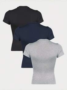 INAWLY 3pcs/Set Women's Summer Short Fitted Multicolor T-Shirt & Casual Matching Set