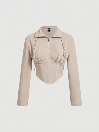 SHEIN MOD Dark Apricot Fleece Cropped Ribbed Sweatshirt, Fitted & Waist-Cinched,Fall Sweatshirts,Cropped Sweatshirt,Corset Top