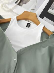 Seusyu 女士春夏季寬鬆露肩拼色長袖休閒襯衫 - 綠色 - 查看 4