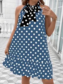 SHEIN Unity Plus Size Polka Dot Printed Ruffle Hem Summer Dress - Dusty Blue - View 3