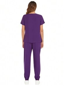 Bộ đồ y tế mùa hè dành cho nữ, áo và quần cổ chữ V màu trơn. - Màu tím - Xem 2