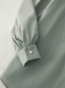 Seusyu 女士春夏季寬鬆露肩拼色長袖休閒襯衫 - 綠色 - 查看 3