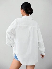 EURMUSE Women's Casual Solid Color Simple Long Sleeve Daily Shirt - White - View 2