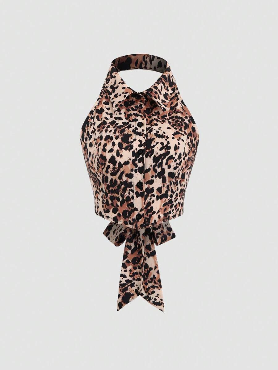 Sweetra 性感豹纹系带露背吊带衬衫，夏季 - 彩色 - 查看 1