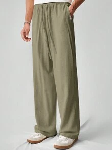 SWAVVY Men's Casual Solid Color Woven Loose Straight Linen-Like Pants, Fall - Army Green - View 6