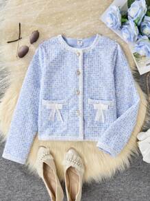 SHEIN 女童长袖前扣蝴蝶结装饰口袋休闲夹克