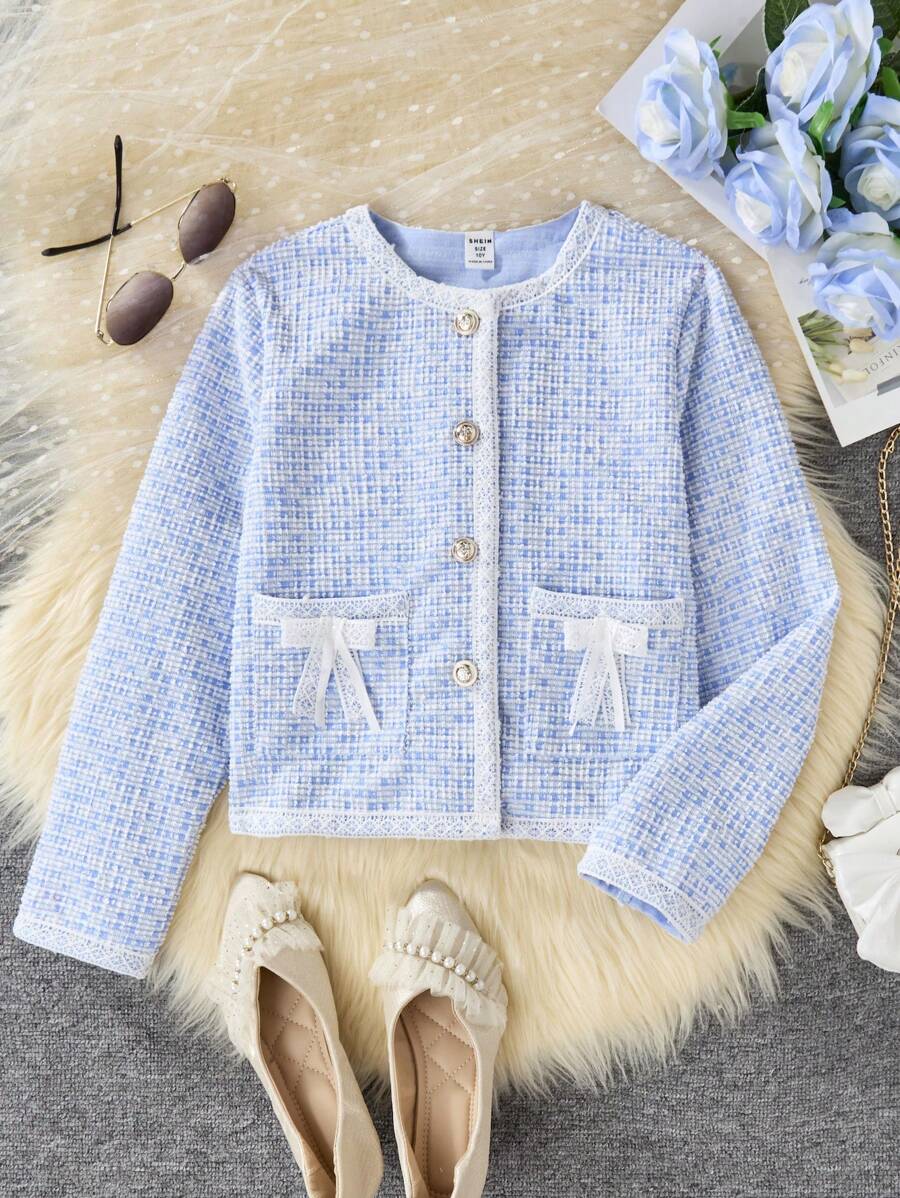 SHEIN 女童长袖前扣蝴蝶结装饰口袋休闲夹克