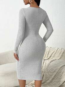 SHEIN SXY Women's Casual Long Sleeve Stretchy Mid-Length Dress, Autumn Fall Clothes Women - Light Grey - View 2