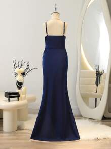 SHEIN Tween Girls Long Slit Elegant Spaghetti Strap Dress For Stage Performance, Wedding, Birthday Party - Navy Blue - View 2