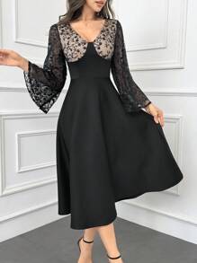 Modelyn Đầm suông dài tay cổ tròn phối ren chắp vá cho nữ, dáng ôm, thích hợp mặc đi nghỉ, đầm dạ hội dài - màu đen - Xem 3