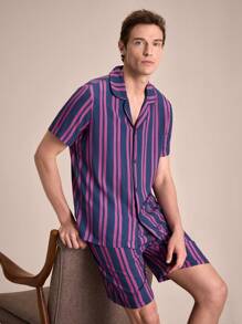 EverLounge Men's Contrast Stripe Print Short Sleeve Shorts Pajamas Set - Multicolor - View 6