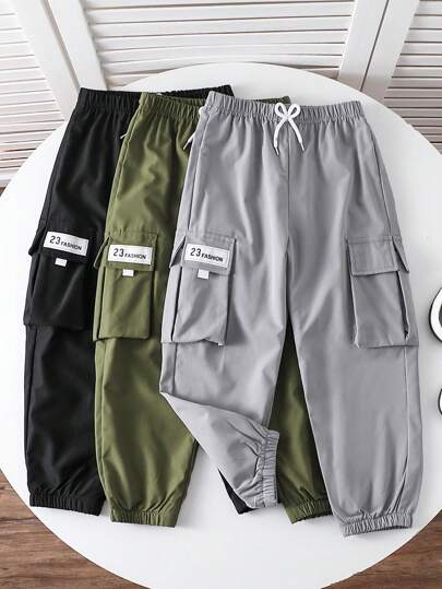 SHEIN 男童休闲字母印花抽绳工装裤